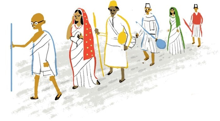 2015: A Doodle illustrated by Leon Hong featured Mahatma Gandhi and commemorated the Salt March of 1930—one of the key events that sparked the Civil Disobedience Movement. (Image: Google.com) 2015: A Doodle illustrated by Leon Hong featured Mahatma Gandhi and commemorated the Salt March of 1930—one of the key events that sparked the Civil Disobedience Movement. (Image: Google.com)