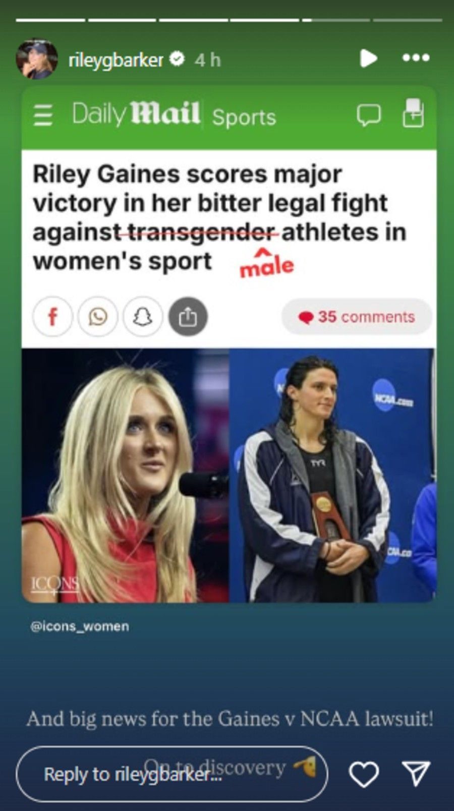 Screenshot ( Instagram story of Riley Gaines).