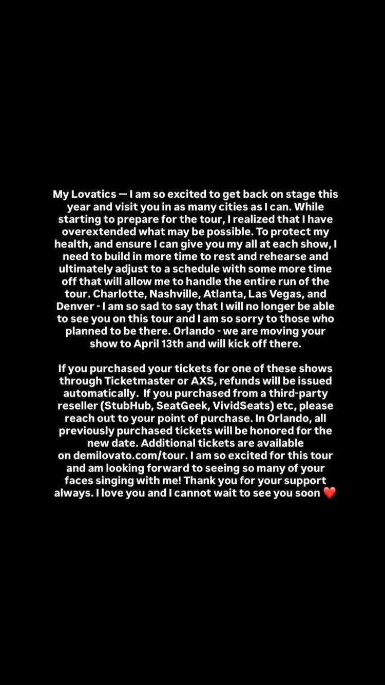 Demi Lovato delivers heartbreaking message to fans about her concerts